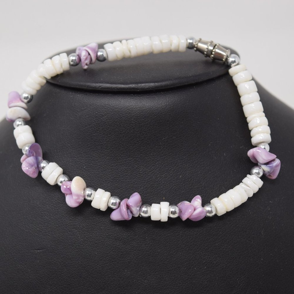 Puka Shell Bracelet 8" White Purple Silver Barrel Clasp Beach Surf Retro